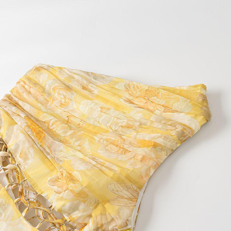 Kaslead New Women clothes Western Style Sexy One Shoulder Waist Hollow out Waist Hugging Floral Dress