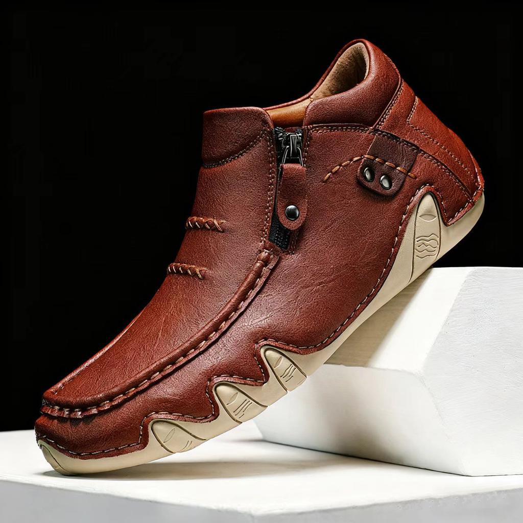 2025 nya stora herrstövlar i läder mode handstickade ankelstövlar platta korta stövlar dragkedja vardagsskor
