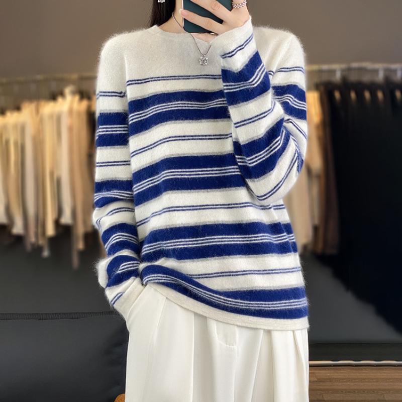 

Autumn and Winter Round Neck Striped Cardigan for Women Fashion Versatile Skin-friendly and Warm Cashmere Knitted Base Shirt Long-sleeved Sweater XXL
