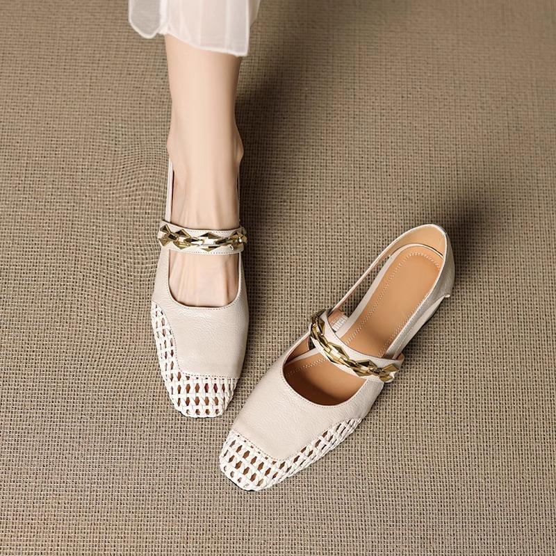 Cowhide woven mesh hole shoes 2025 spring and autumn models square head thick heel one-button metal hollow fashion sandals
