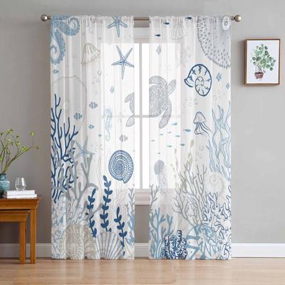 Marine Coral In Summer Turtle Tulle Window Curtains for Bedroom Luxury Home Decor Drapes In Living Room Chiffon Panels