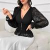 Slimming Black V-Neck Top with See-Through Waist & Lantern Sleeves - Sexy European & American Style