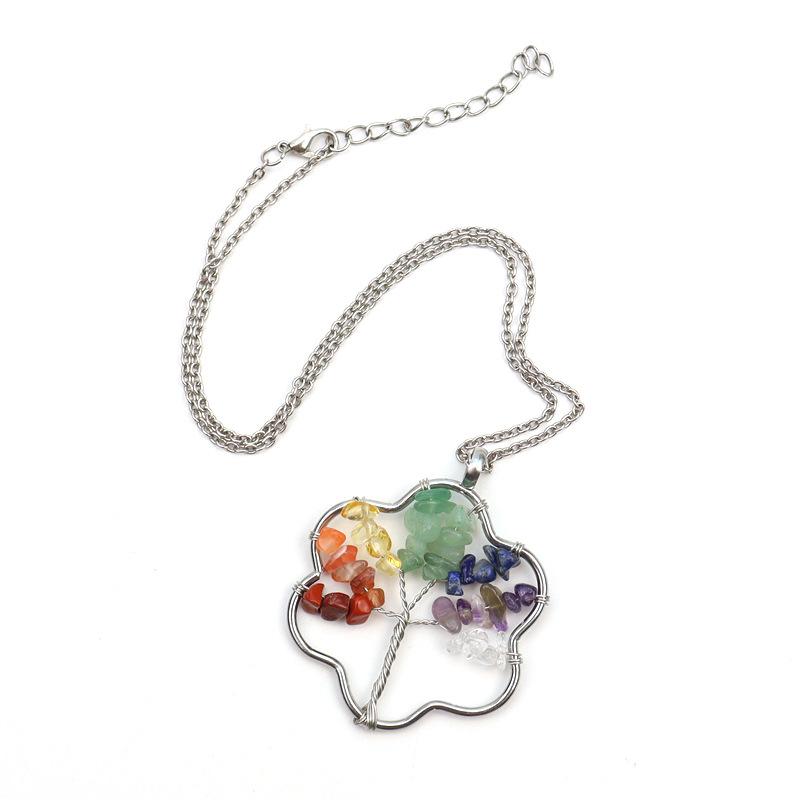 Silver Winding Flower Tree Of Life Necklace Gravel Crystal Pendant N72
