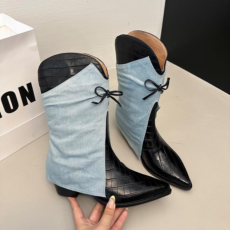 Wind Soft Leather Niche Design Pants Tube Boots Pointed Head Flat Bottom Splicing Thin V-mouth Short Boots Women's Spring Martin Boots