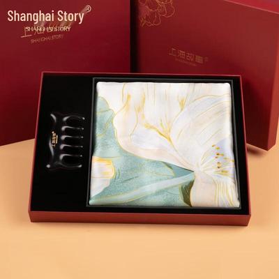 Women's Mulberry Silk Scarf Gift Set with Ebony Comb