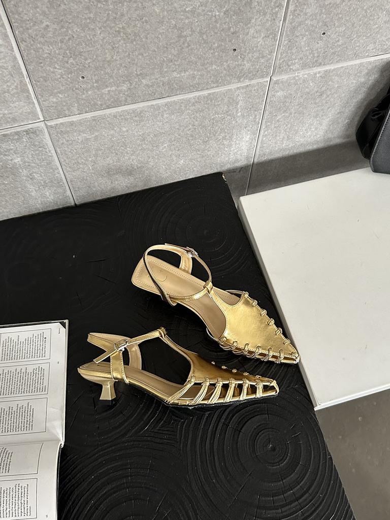 fashion Pointed Toe Women Sandals Black Silver Gold Summer Dress Shoes Thin Mid Heels Ankle Strap Party Pumps Casual Sexy Hollow Sandals