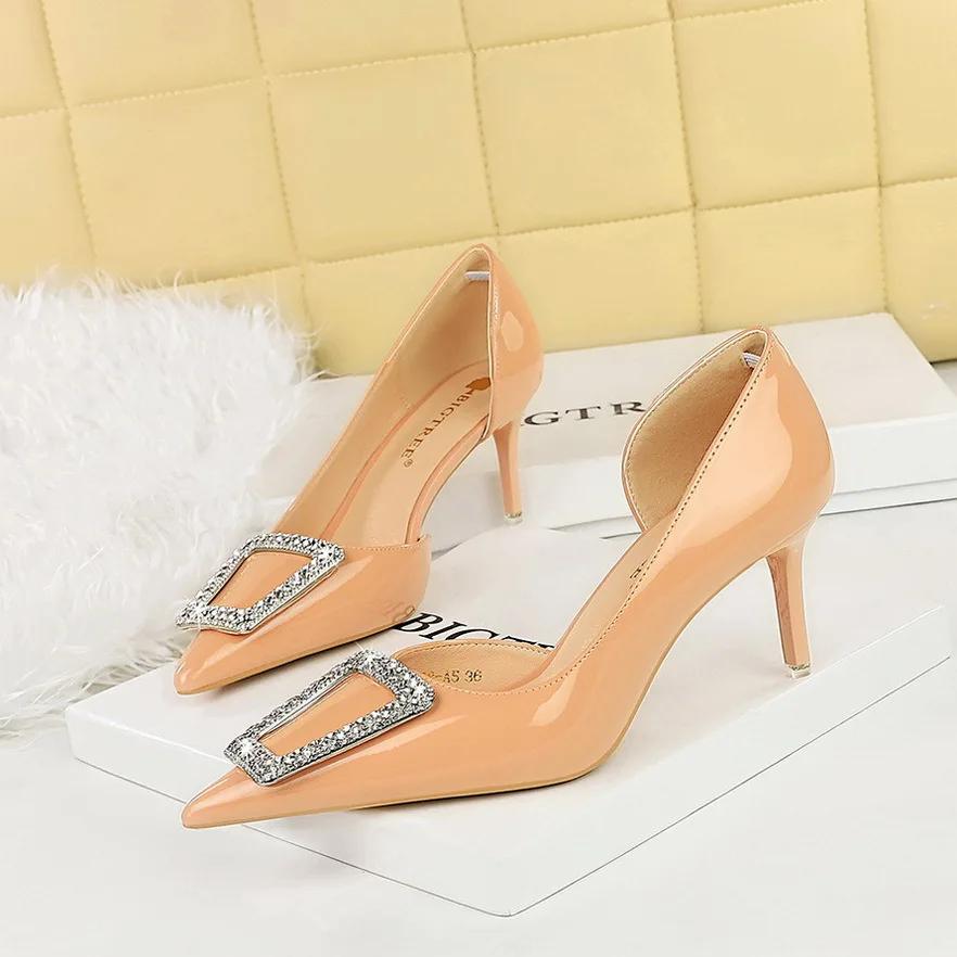 BIGTREE Fashion Crystal Buckle Hollow Wedding Shoes Women Pointed Toe Patent Leather High Heels Red Black Ladies Party Pumps