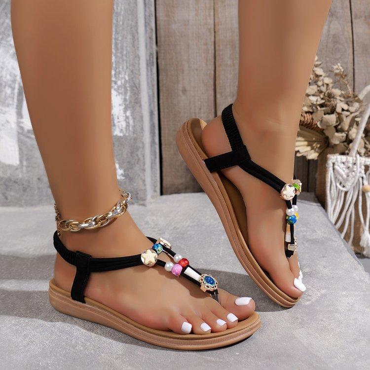 Large size flat bohemian style sandals summer beaded hollow beach going out women's shoes