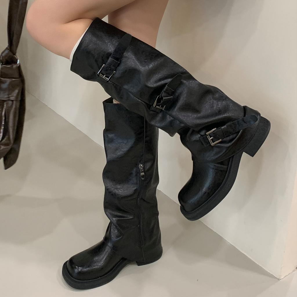 Eilyken Winter Vintage Round Toe Square Heels Women Knee High Boots Designer Narrow Band Belt Buckle Comfortable Shoes