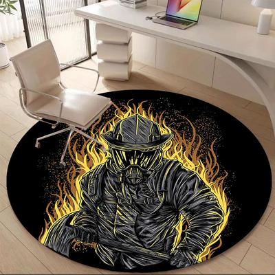 1pc Firefighter Flames Office Round Area Rug, Indoor Mat Suitable ForOffice, Under Office Chairs Bedroom Living Room Home Decor T179