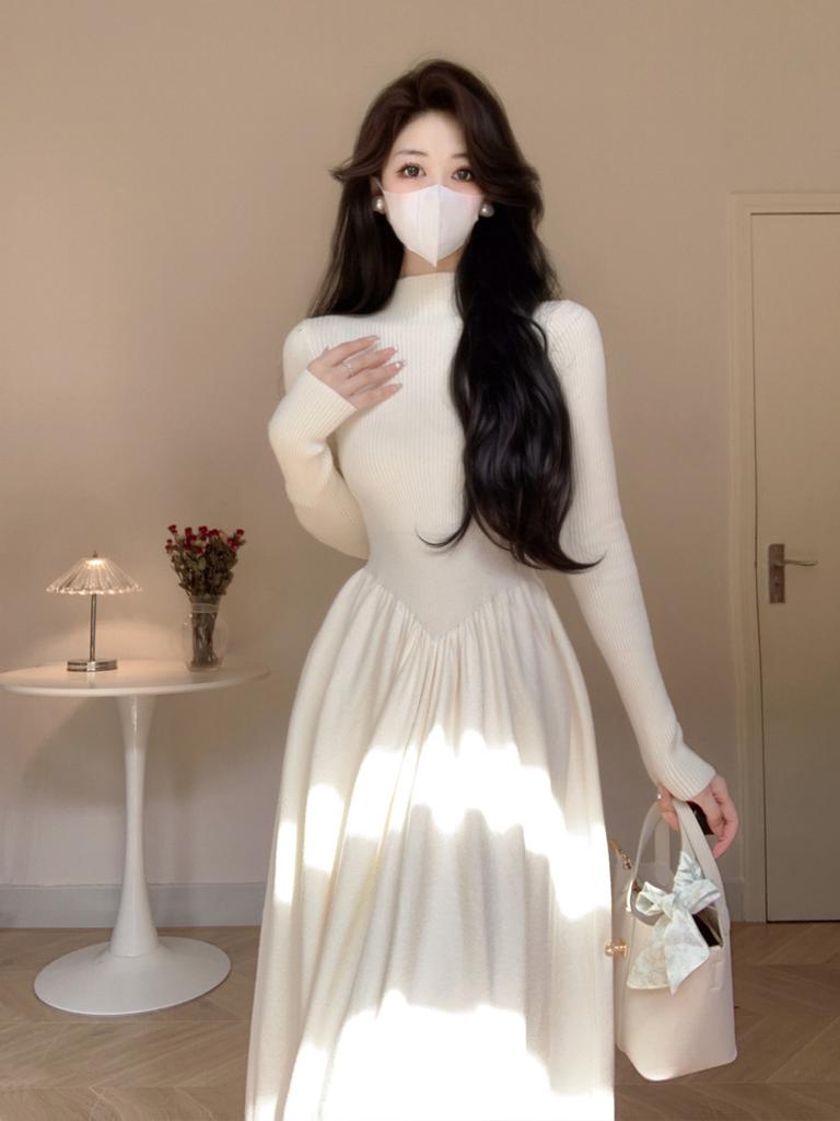 Halbhoher Kragen Schlankmachende Taille Kleiner Mann Fortgeschrittener Sinn Patchwork Gestricktes Unterteil Kleid