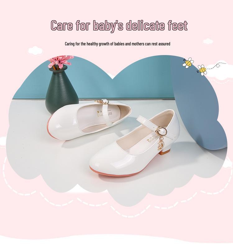 Girls' White Leather High Heels - New 2025 Princess Dance Shoes for Students, Sizes 25-40