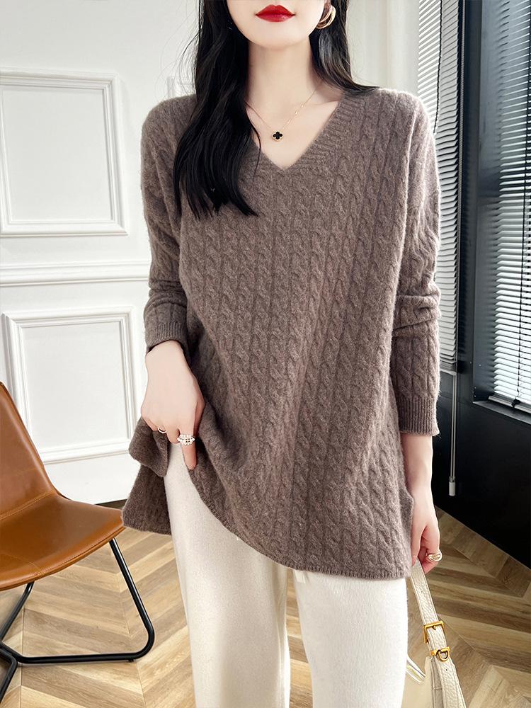 Women's Mid-Length Cable Knit Wool Sweater - Soft, Loose, V-Neck, Perfect for Autumn and Winter, Wear as Outer or Base Layer.
