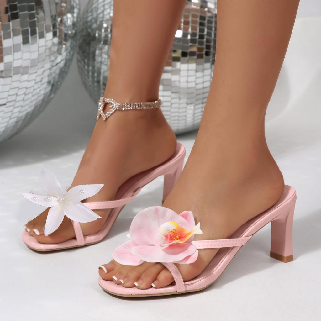 Women'S Square Heeled Openwork High Heels With Floral Patterns Sandals Women Flip Flops Rhinestones Cushioned Sandals For Women