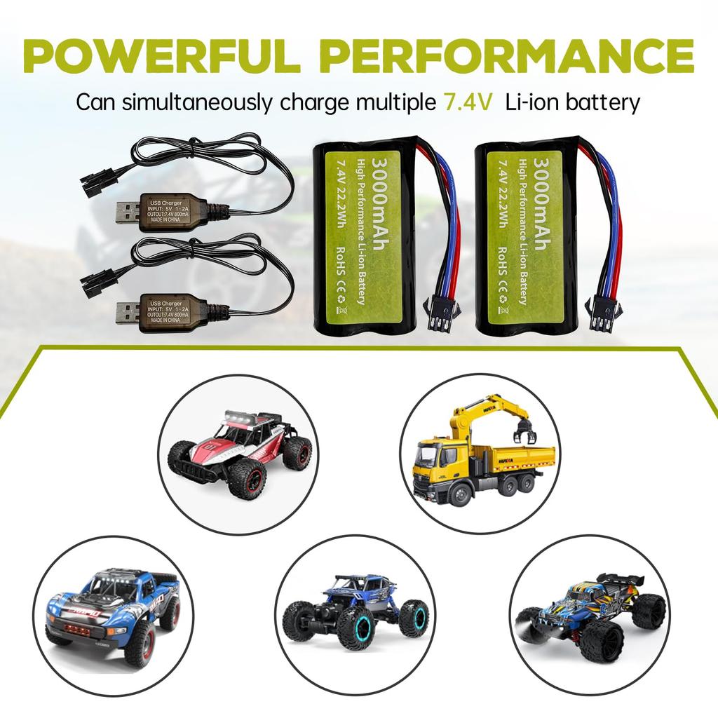 2PCS 7.4V 3000mAh 15C 2S Li-ion Battery with SM-3P Plug and USB Charging Cable for DE43, DE60, 9500E, Huina 1575 Remote Control Engineering Car, and