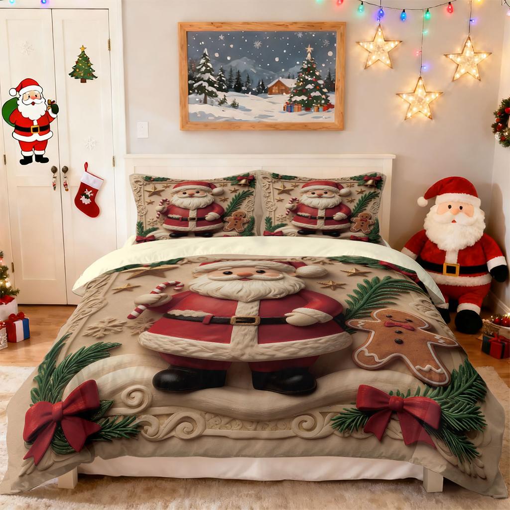 3pcs imitation relief Santa Claus print coreless duvet set multi size bedroom bedding holiday decoration machine washable