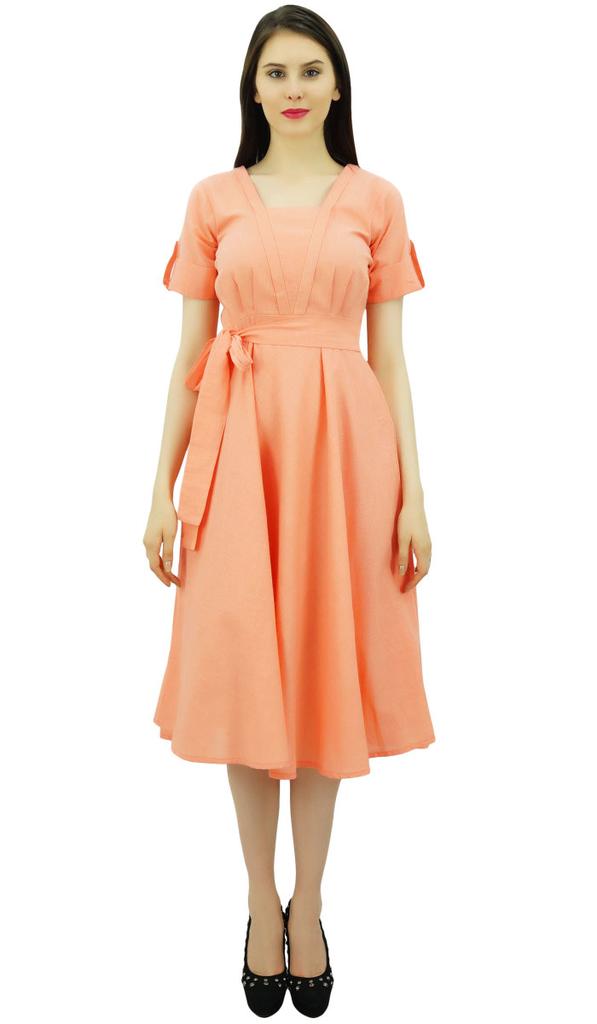 Bimba Damen Kurzarm Leinen Etuikleid Mit Gürtel Freizeitkleider