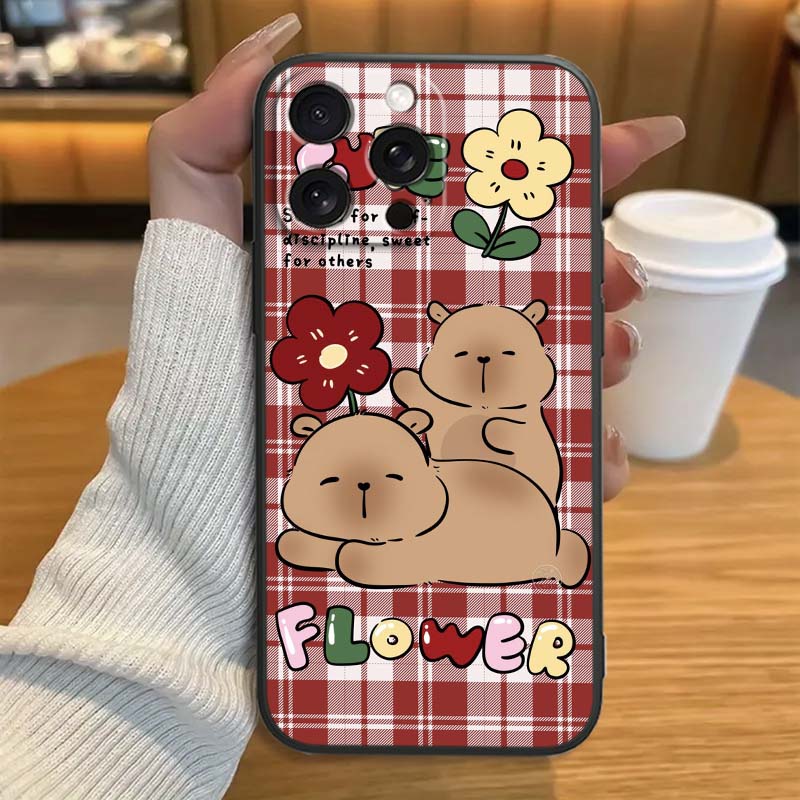 Cartoon Anime Capibala Art Phone Case For Apple iPhone 17 16 16E 15 14 13 12 11 Pro Max Plus Black Soft Silicone