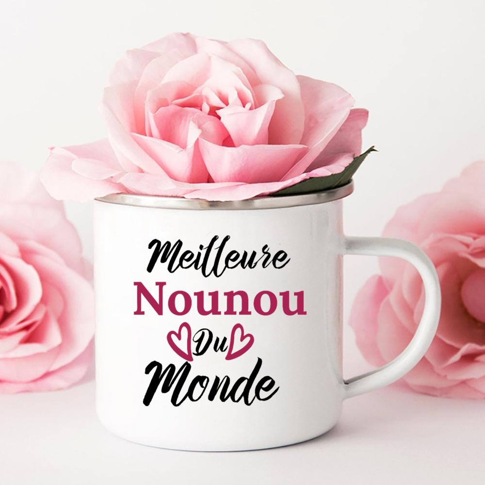 Merci Nounou Printed Mugs Creative Coffee Tea Cups Drink Water Milk Cup Enamel Mug School Home Handle Drinkware Gifts for Nounou
