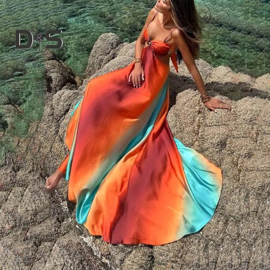 Sommer-Strandkleid, tief ausgeschnittenes, taillenbetontes, rückenfreies, ärmelloses, ausgehöhltes Urlaubs-Unterkleid, kontrastfarbenes A-Linien-Maxikleid