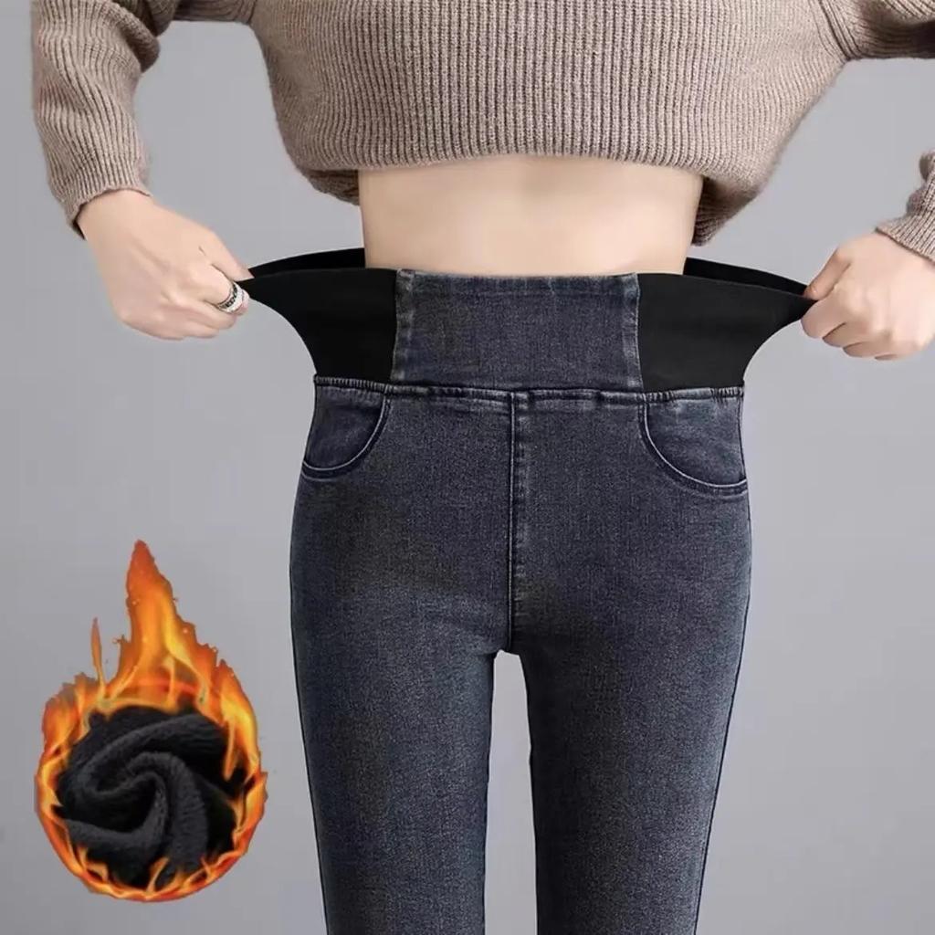 Women's Fashion Spring Autumn Pencil Pants 3 Colors Stretch Denim Skinny Slim Jeans Pants High Waist Jeans Trousers Plus Size