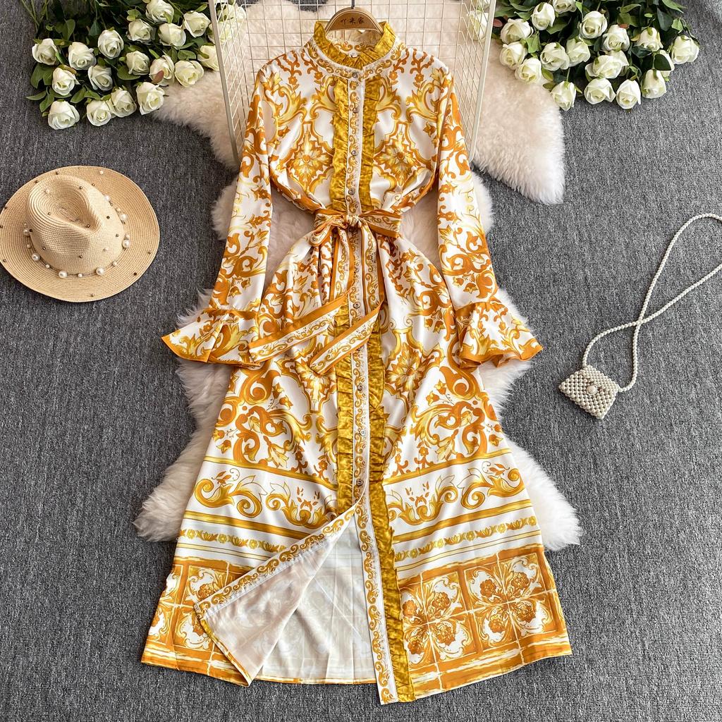 Jaro Podzim Runway Žlutá Červená Modrá a Bílá Porcelánový potisk Župan Dámské Rozevlátý Rukáv Šněrovací Pásek Maxi Společenské šaty