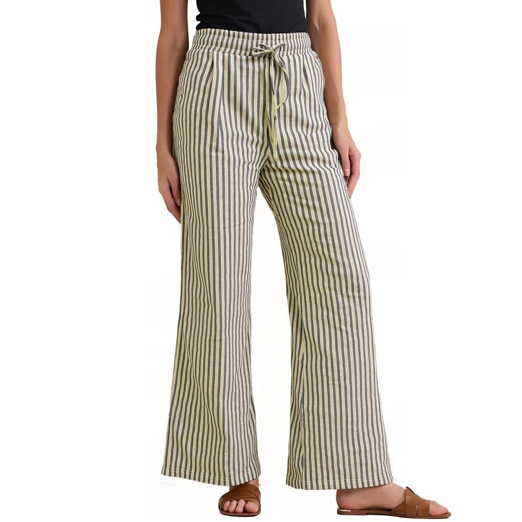 Striped Pants For Women High Waisted Wide Leg Cotton Linen Trendy Beach Pull On Elastic Waist Casual Flowy Pants