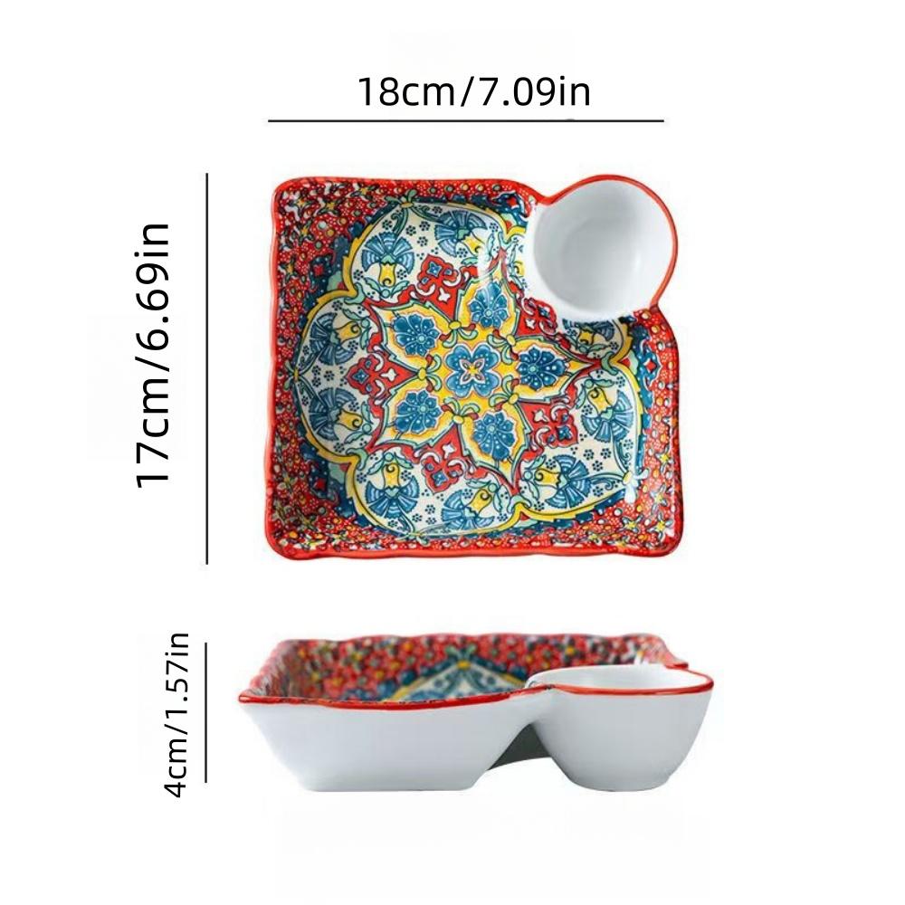 Bohemian Dumpling Plate with Vinegar Dish, Household Ceramic Plate, Segmented Breakfast Plate, High-end Dumpling-specific Plate