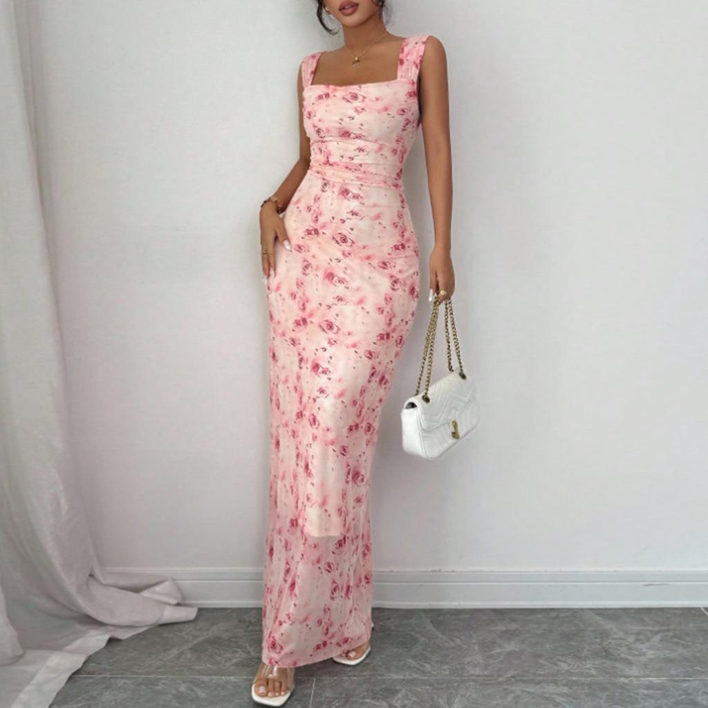 Abito Maxi Bodycon da Donna Senza Maniche Scollatura sulla Schiena Stampa Floreale Scollo Quadrato Aderente Lungo per Uso Casual e da Festa