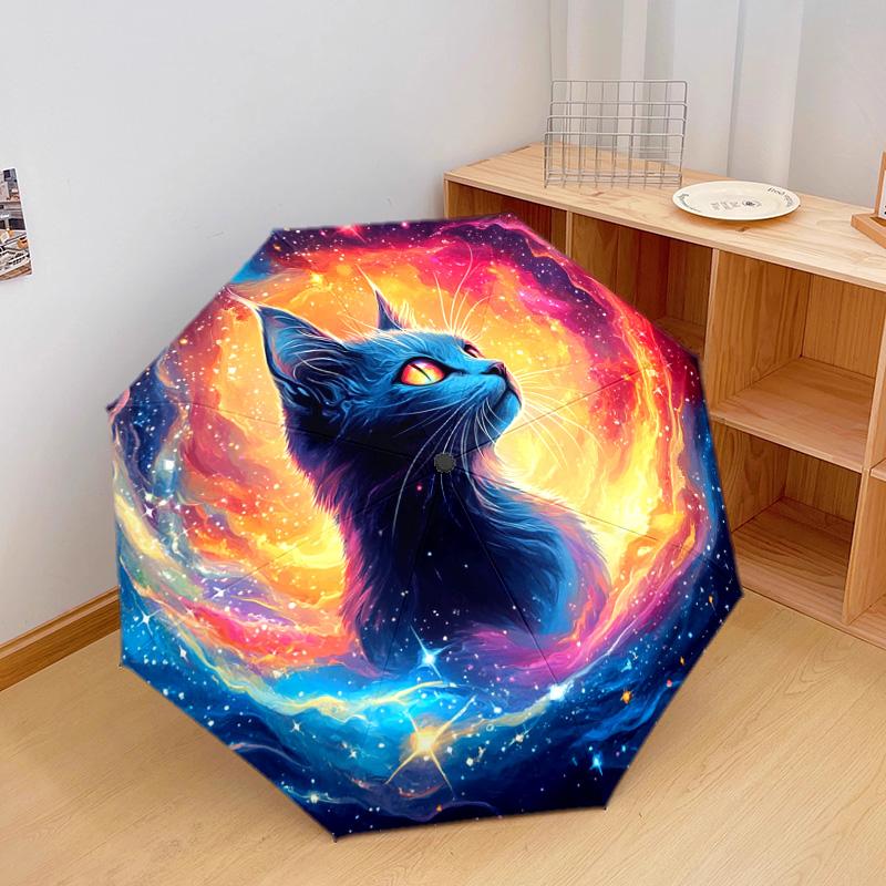 1 PC Automatic Folding Umbrella - Cosmic Cat Pattern, Portable & Foldable Design with 8 Ribs, Christmas Birthday Gifts