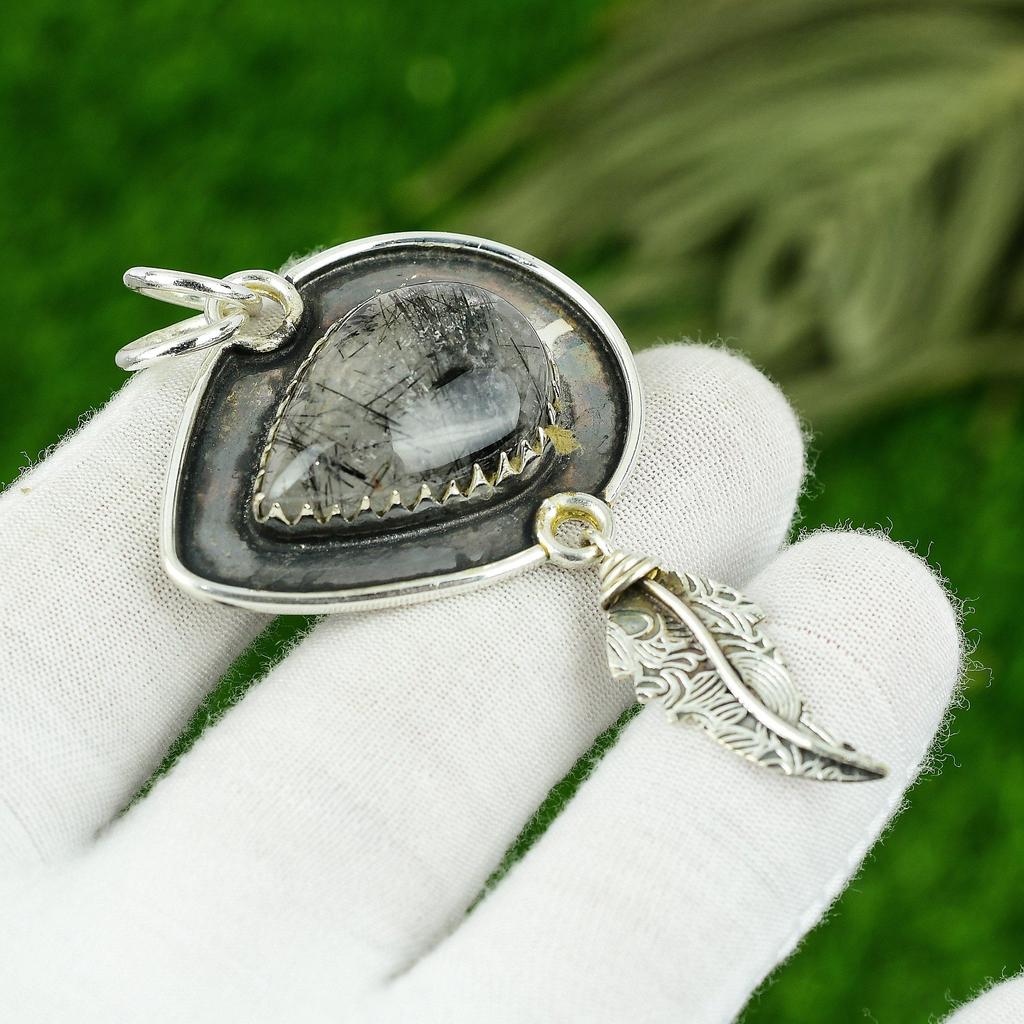 Natural Black Rutile Gemstone Pendant 925 Sterling Silver Indian Jewelry
