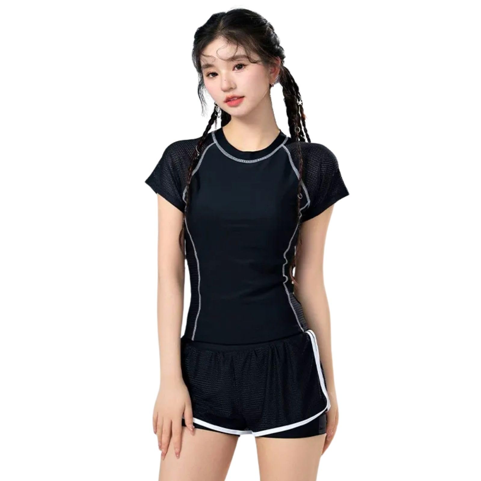 

Школьный фитнес боди с коротким рукавом раш для амфибий [VmanKu] Женский купальник, Купальник, Раздельный, Набор из 2 частей, Танкини, Купальник, Закрытый, чёрный