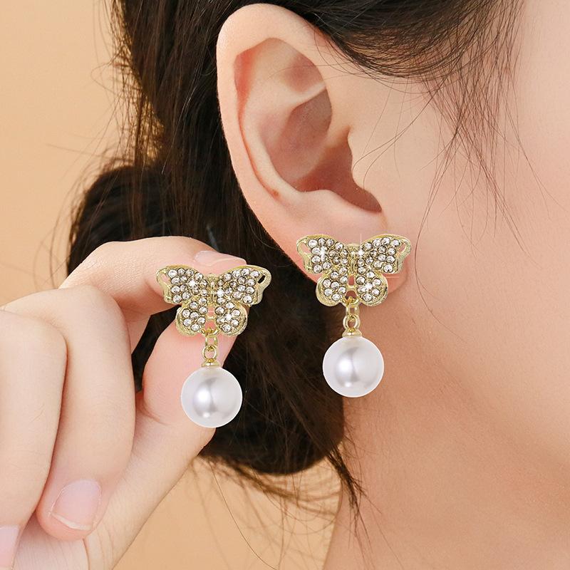 Socialite Style Diamond-Studded Butterfly Pearl Earrings Exquisite Small Design Sense Fashionable Elegant Light Luxury Versatile Earrings
