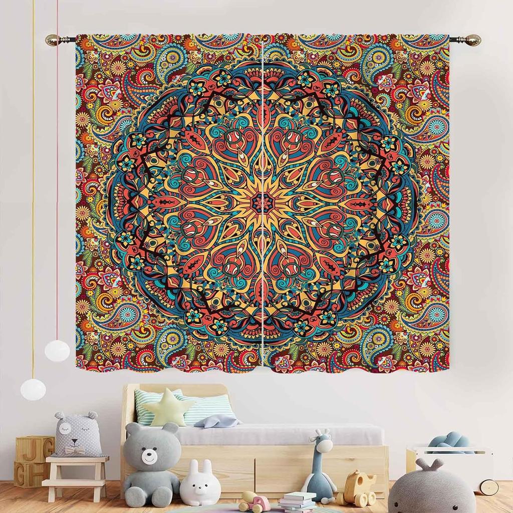 Hippie Mandala Vorhänge, Indisches Medaillon Trippy Boho Paisley Ästhetische Kunst Dekoration Bunte Orange Fensterbehandlung Für