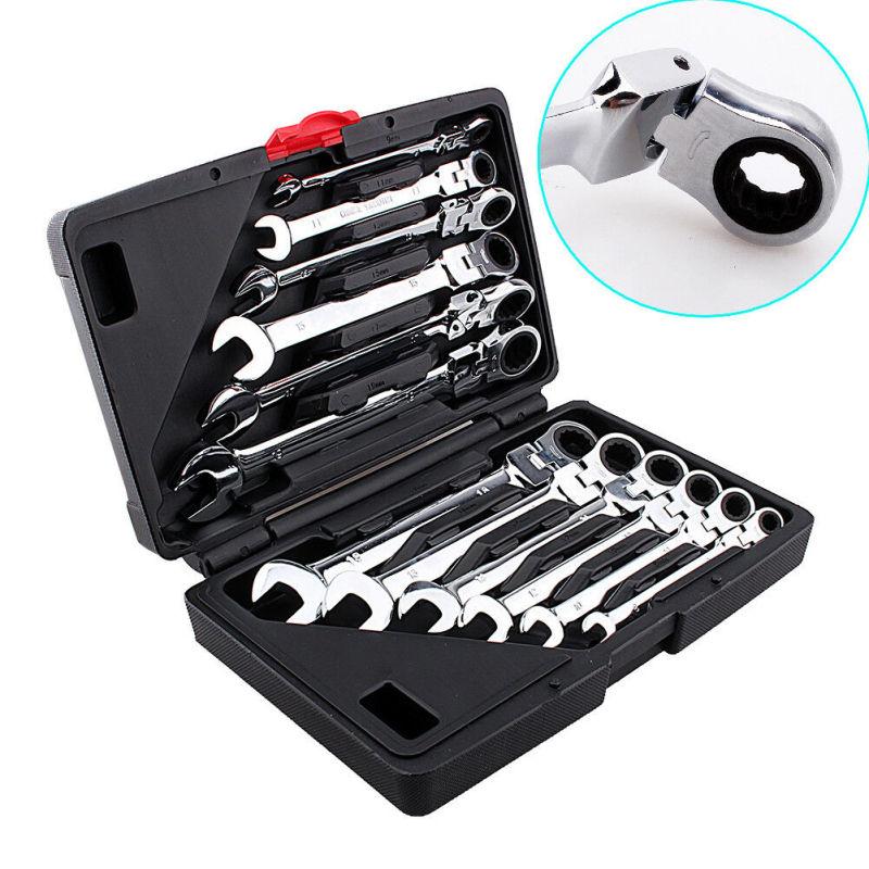 12Pcs/Set Metric Flexible/Fixed Spanners Ratchet Wrench Polished Tool Kit 8-19mm