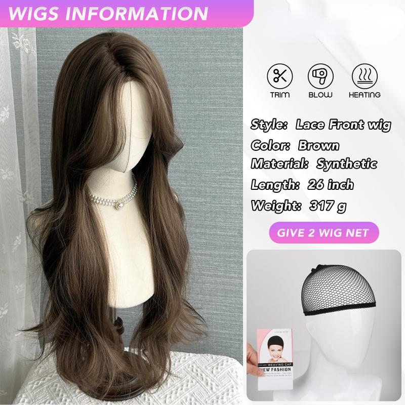 26 Inch Brown Front Lace Wigs Curly Wigs Fiber Synthetic Heat-resistant Natural Smooth Realistic Wigs Party For Women Korean Fashion