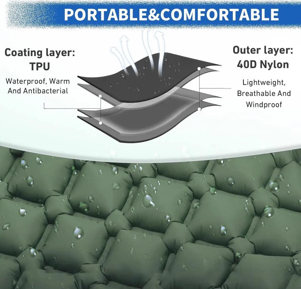 Ultra-Light Inflatable Camping Sleeping Pad with its Built-in Foot Pump and Pillow - Hiking pad, Backpacking Pad