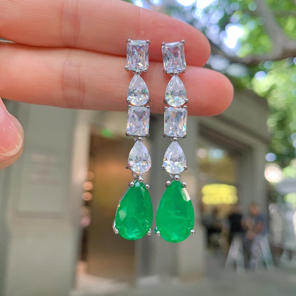Jewelry Retro Color Treasure Simulation Paraiba Emerald Big Earrings Main Stone 10 * 16