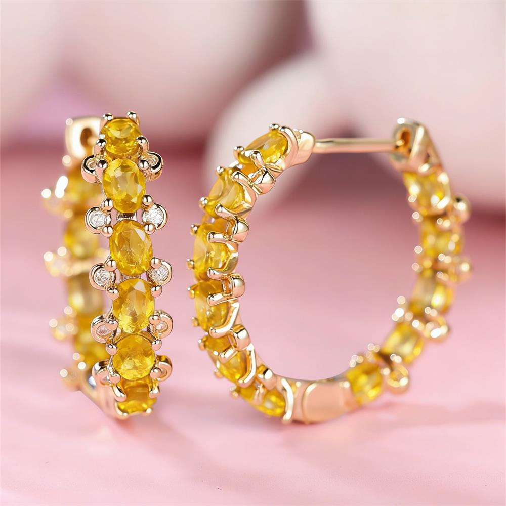 Yellow Crystal Single Row Oval Stone Hoop Earrings For Women Vintage Gold Color Ear Buckle Wedding Jewelry Valentine's Day Gifts
