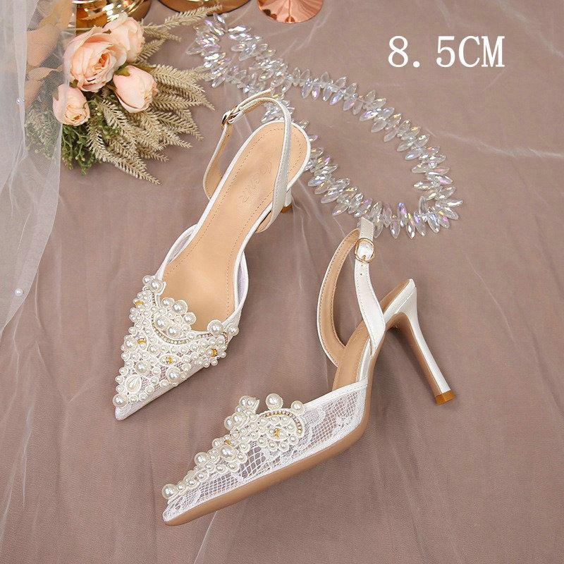 French Wedding Shoes Bride Shoes Main Wedding Pearl Single Shoes Niche After Empty High Heels Female Stiletto Hollow Head Sandal