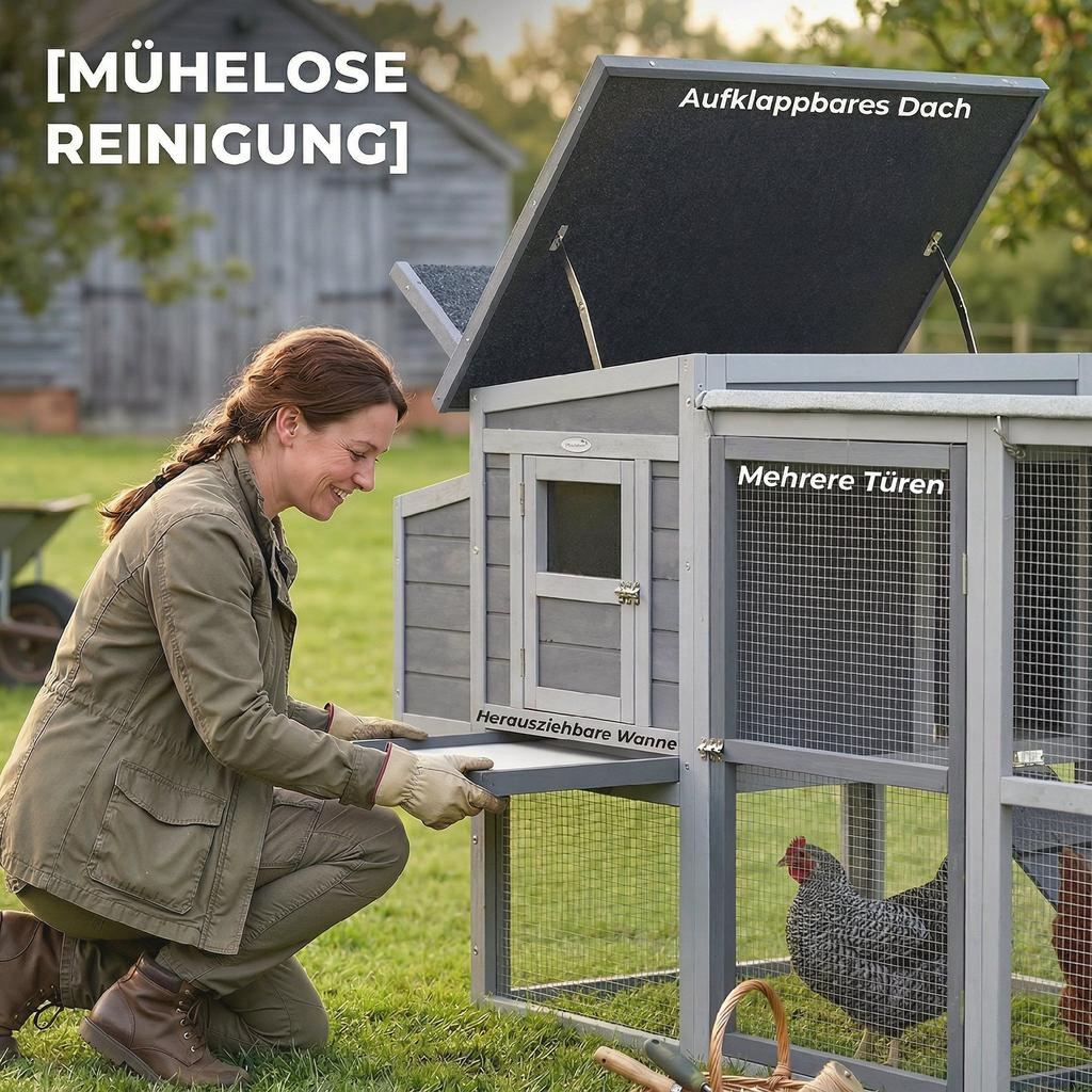 Chicken coop/chicken house for 3-4 chickens with run, nesting box, asphalt roof, Oxford covering, pull-out drawer, 264x82x89cm, grey
