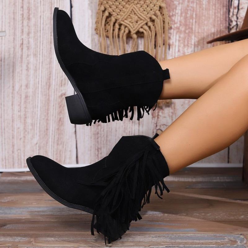 Large Size Black Short Boots Women's Fashion Fringed Pointed Explosive Short Boots