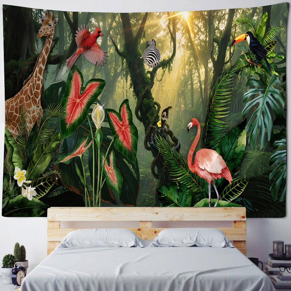 Tropical Rainforest Tapestry with Flowers & Birds Green Natural Landscape Wall Hanging Background Poster for Home Decoration