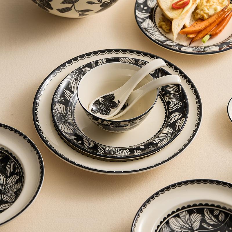 Hand Drawn Floral Ceramic Tableware, Rice Bowls, Ceramic Plates, Dessert Plates, Soup Bowls, Seasoning Plates, Kitchen Utensils