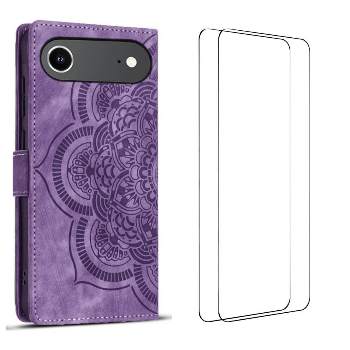 

For iPhone 17 Air Case with 2Pcs Tempered Glass WANLONFENG MTL Series Mandala Leather Phone Cover Purple