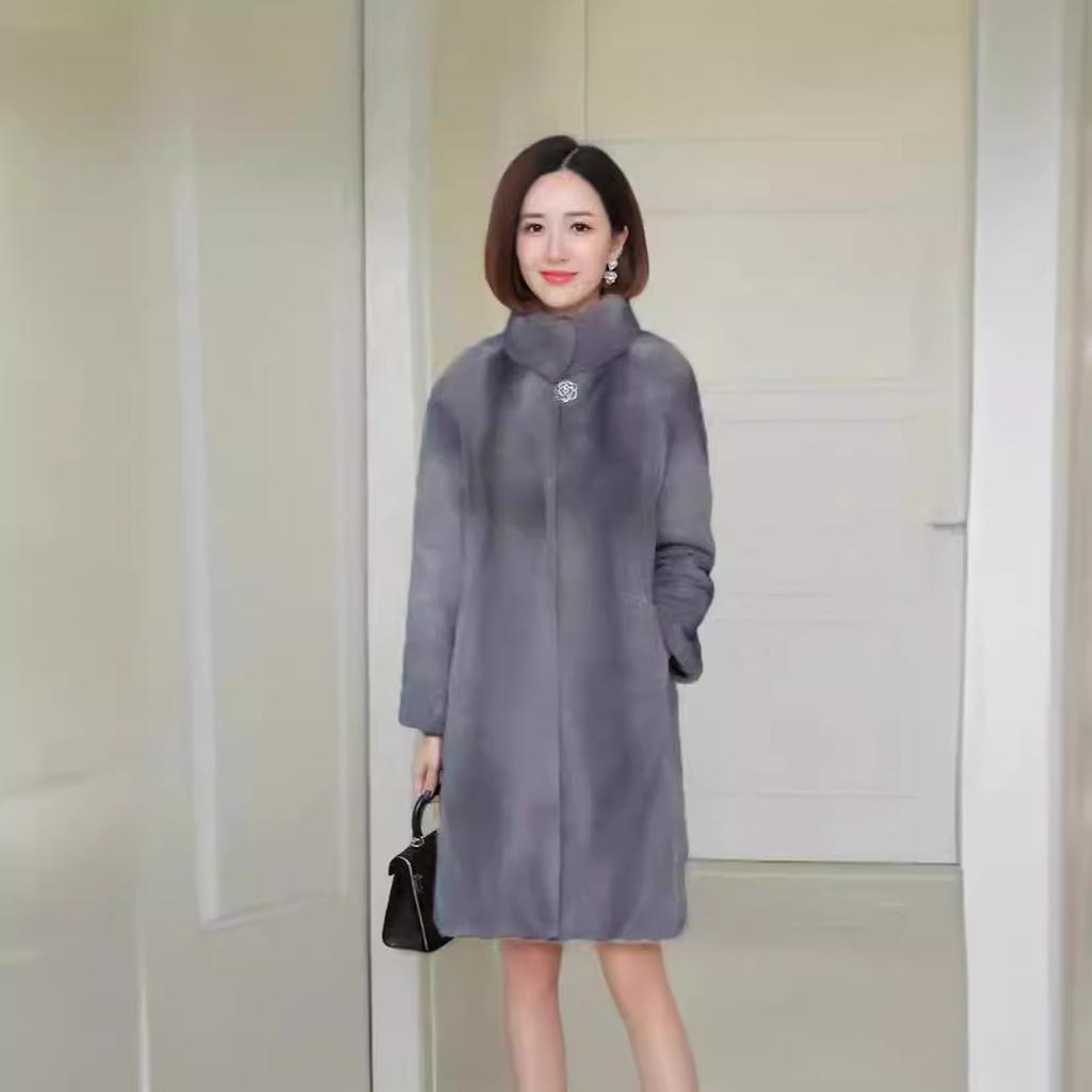Autumn and winter fur coat women's mid-length imitation mink coat mink fleece plus size women's stand-up collar slim jacket