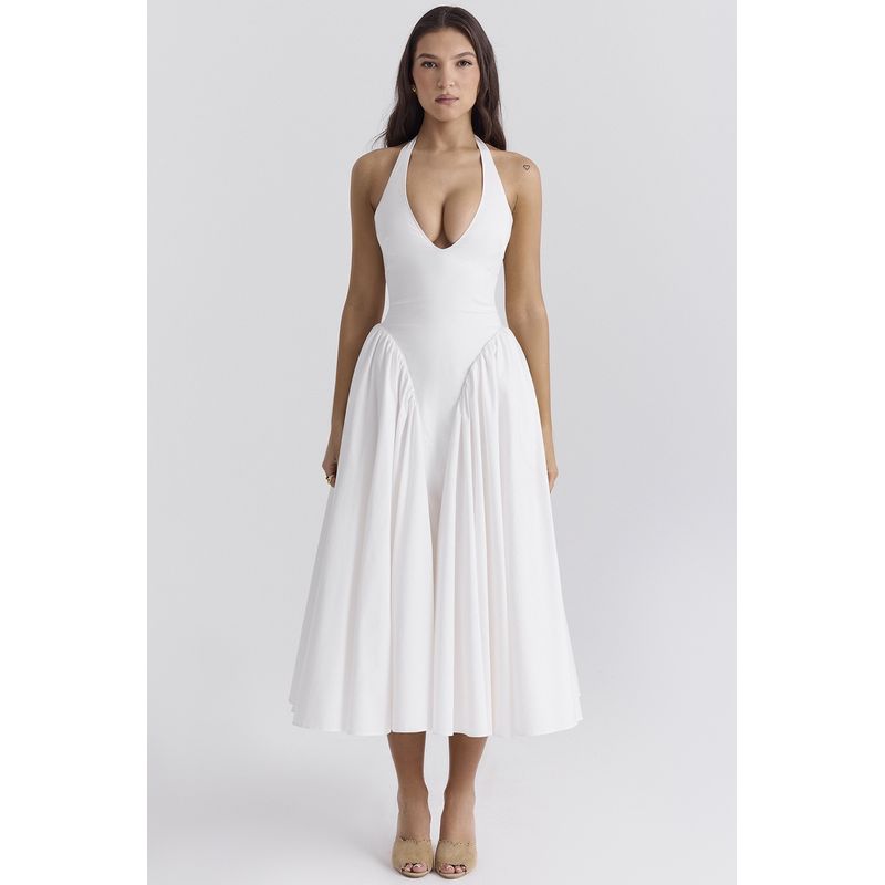 

Fashion Style Summer New Arrival Women s Clothing Sexy Halter Deep V Neck Sleeveless Midi Dress Pure Color Silm Backless Dress White L