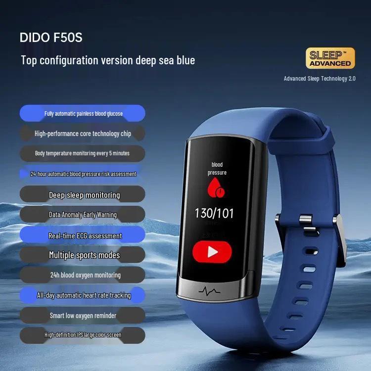 Умный браслет здоровья Dido F50S: Уровень глюкозы в крови, Артериальное давление, ЭКГ, Пульс, Насыщение крови кислородом, Отслеживание сна, Монитор фитнеса и бега.