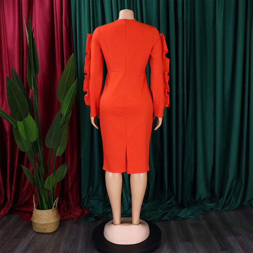 Long Sleeve Bodycon Dress Women Ruffles Sleeve Solid O Neck Package Hips Mid Calf Dress Clothes Robe