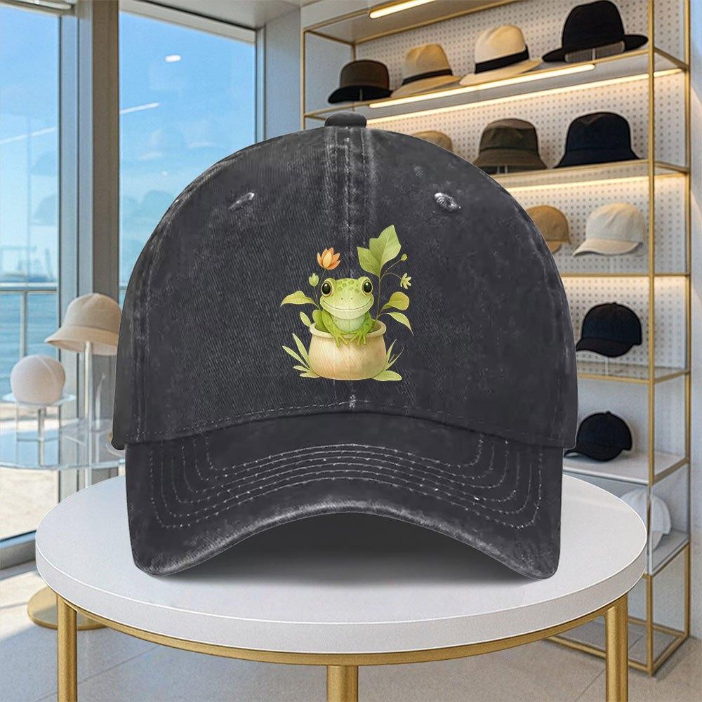 Cute Cartoon Frog Print Washed Denim Baseball Cap Adjustable Casual Sun Hat